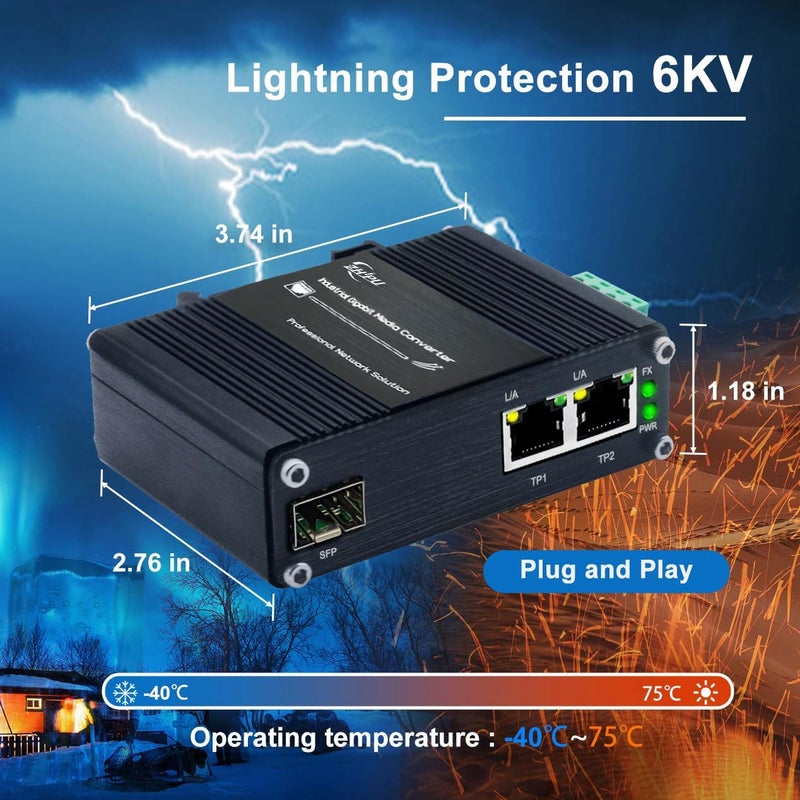 Lcantve محول وسائط الألياف إلى إيثرنت الصناعي Mini 1.25G SFP يدعم تركيب على سكة DIN، 1x 100/1000Base-X فتحات SFP إلى 2X 10/100/1000Base-T RJ45 محول ألياف 2 منفذ، 12~48V مدخل طاقة DC - Image 5